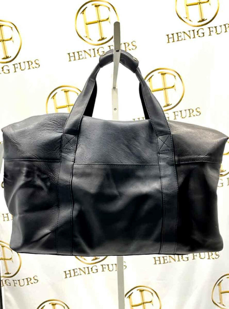 black leather duffel bag