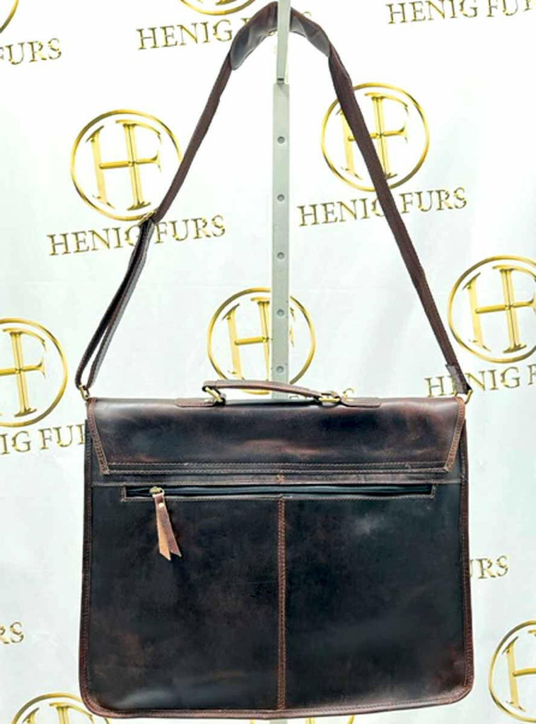 back of dark brown leather messenger bag