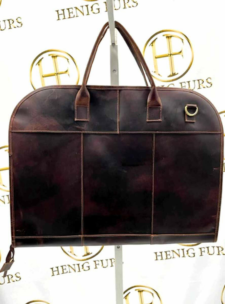 back of dark brown leather folding garment bag - 36 inches