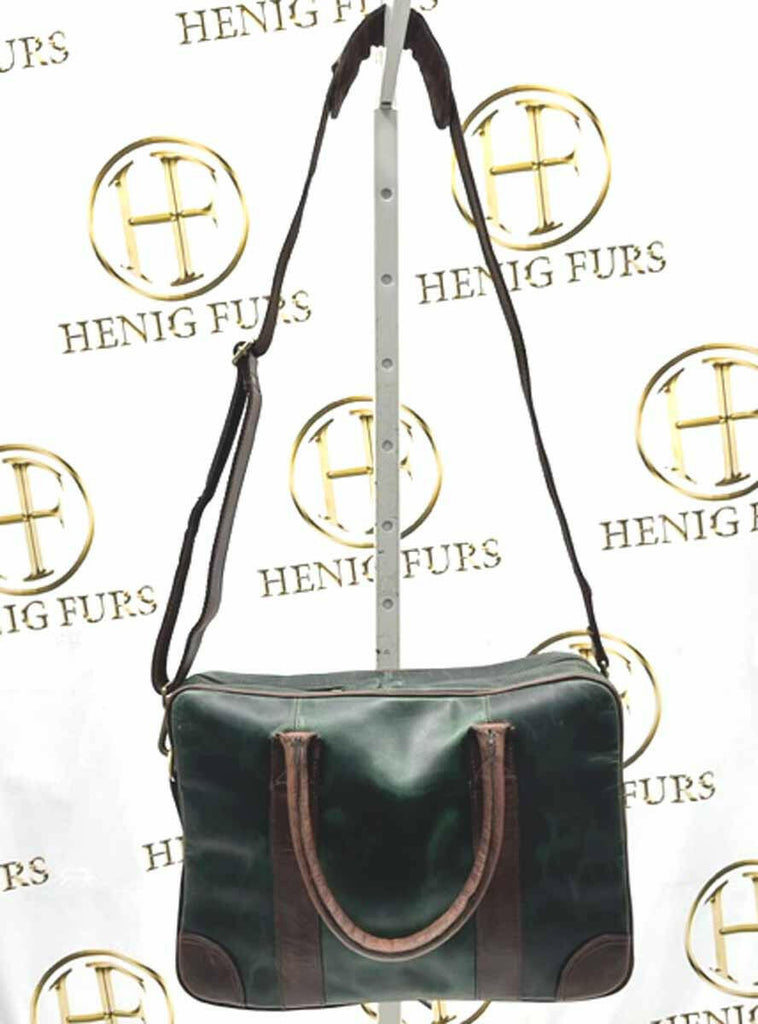 back of Green & Brown Leather Briefcase with adjustable leather shoulder strap
