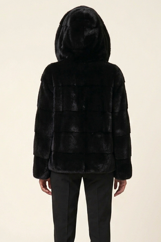 back of blackglama ranch mink fur jacket with horizontal pattern and full fur hood with zip front