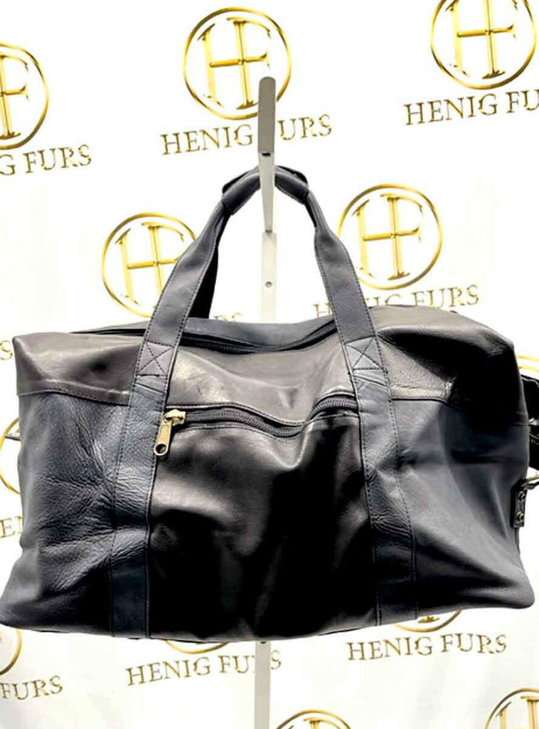 black leather duffel bag