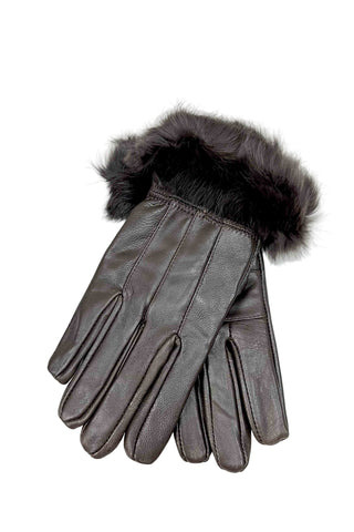 brown lamb leather gloves with rabbit fur trim