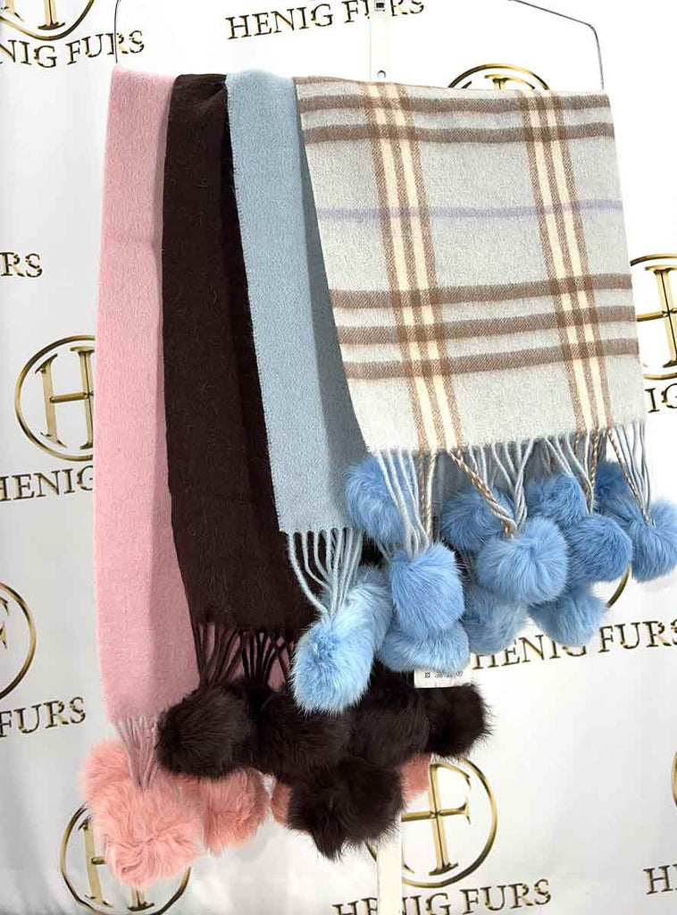 Pink, Brown, Blue, and Blue Plaid Scarves with Rabbit Fur Pom Poms