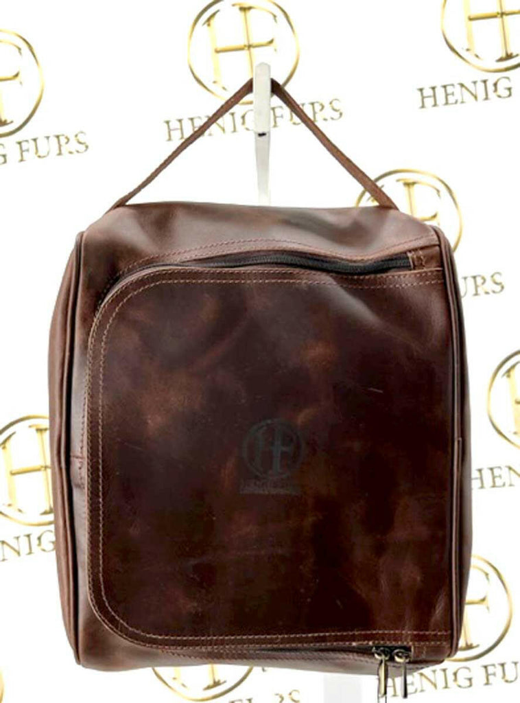dark brown double zipper leather travel bag