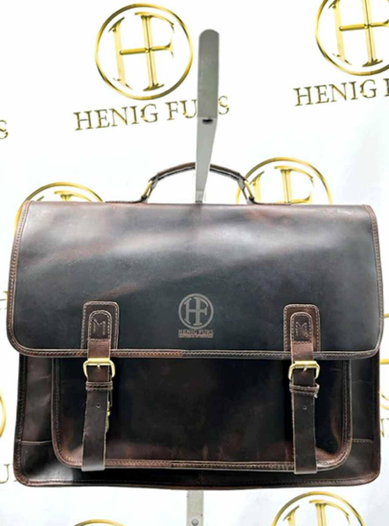 dark brown leather briefcase with detachable shoulder strap