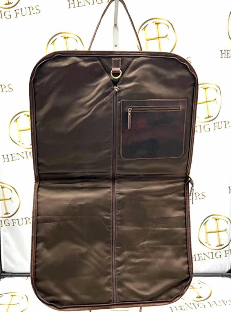 inside of dark brown leather folding garment bag - 36 inches