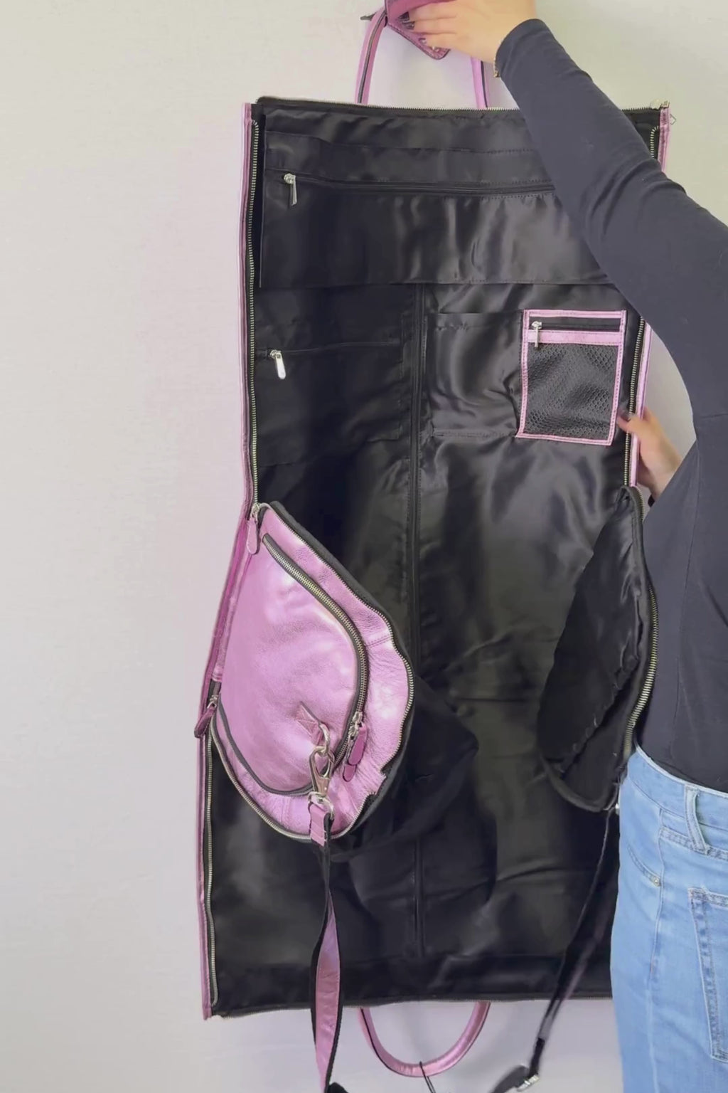 pink foil leather garment duffle bag