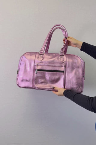 pink foil leather weekend bag