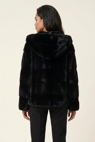 back of blackglama ranch mink fur jacket with horizontal pattern and full fur hood 