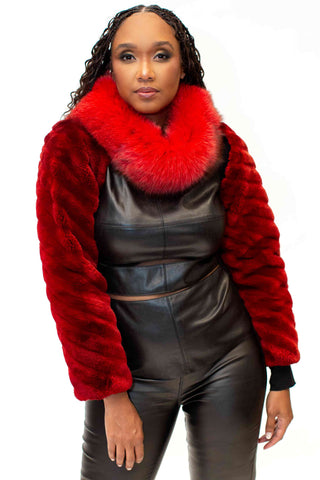 red sheared beaver fur sleeves with fox fur collar