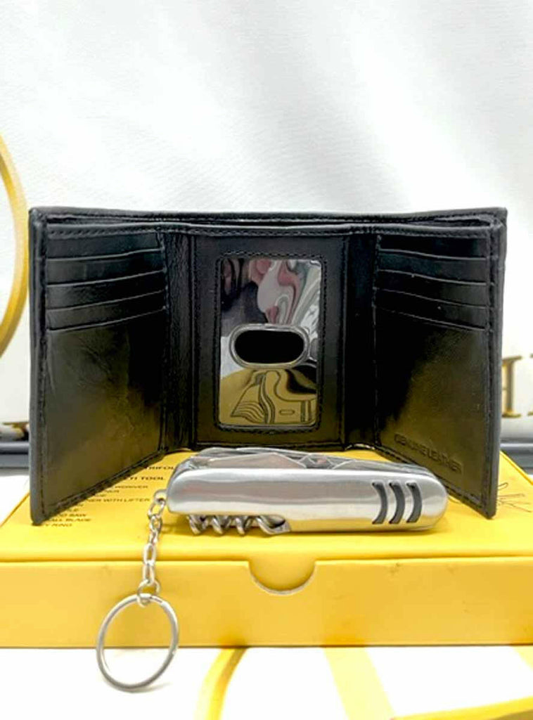 black leather tri-fold wallet and key ring tool