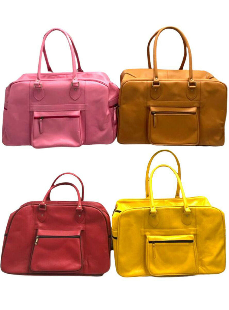 pink, tan, red, and yellow leather weekend bags