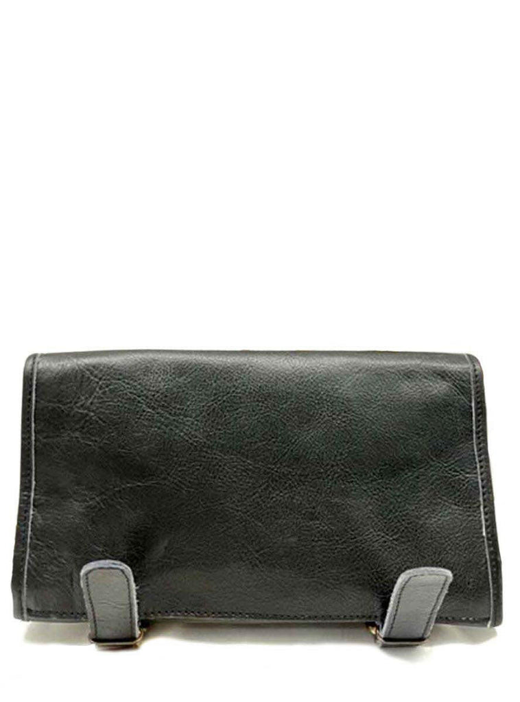 back of black leather toiletry bag