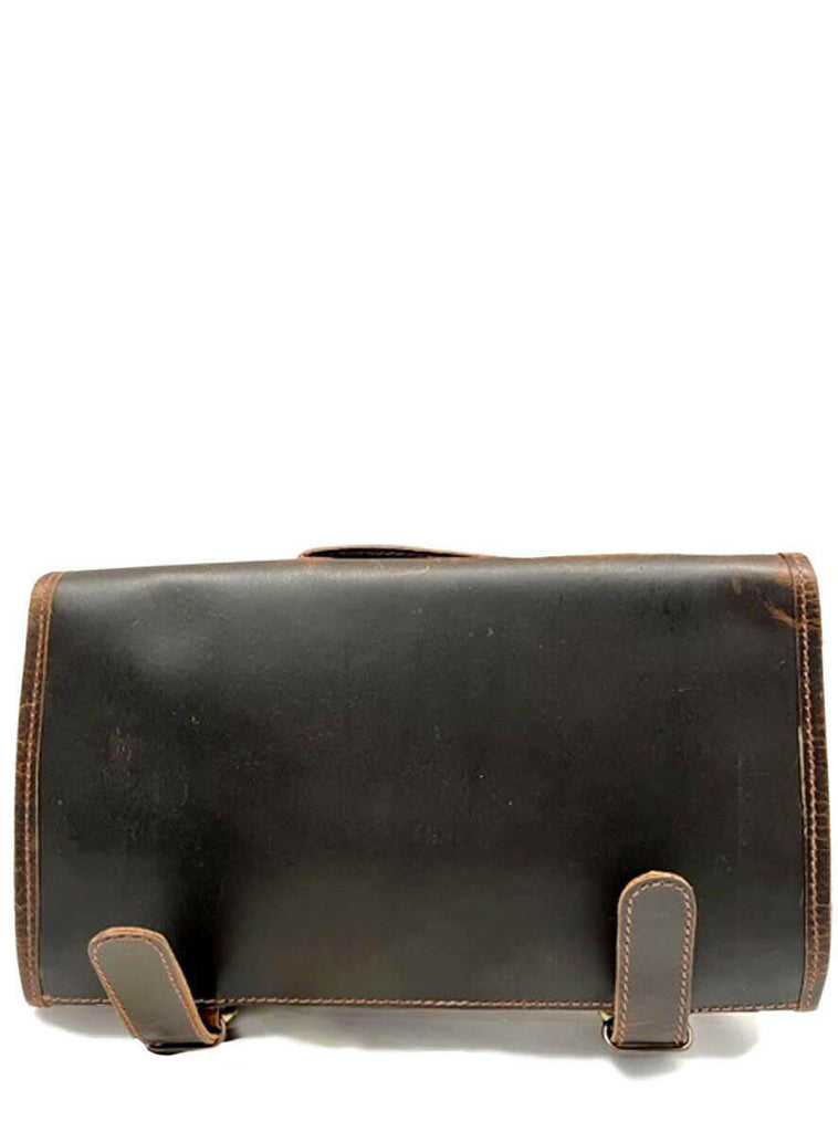 back of dark brown leather toiletry bag