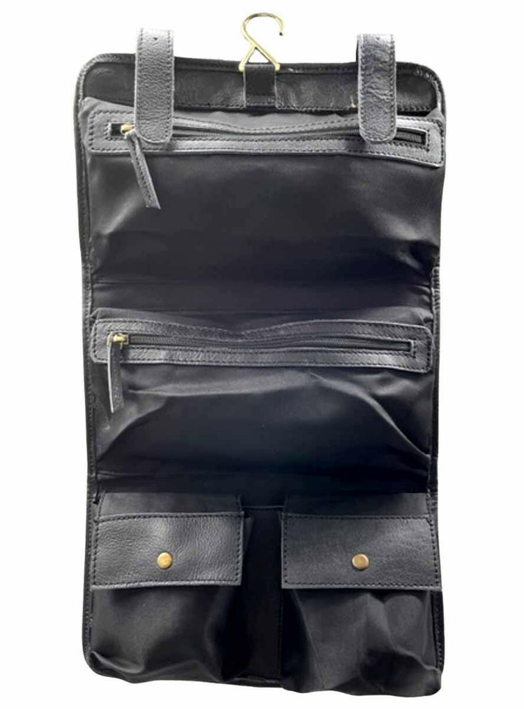 inside of black leather toiletry bag
