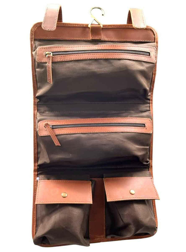 inside of cognac leather toiletry bag