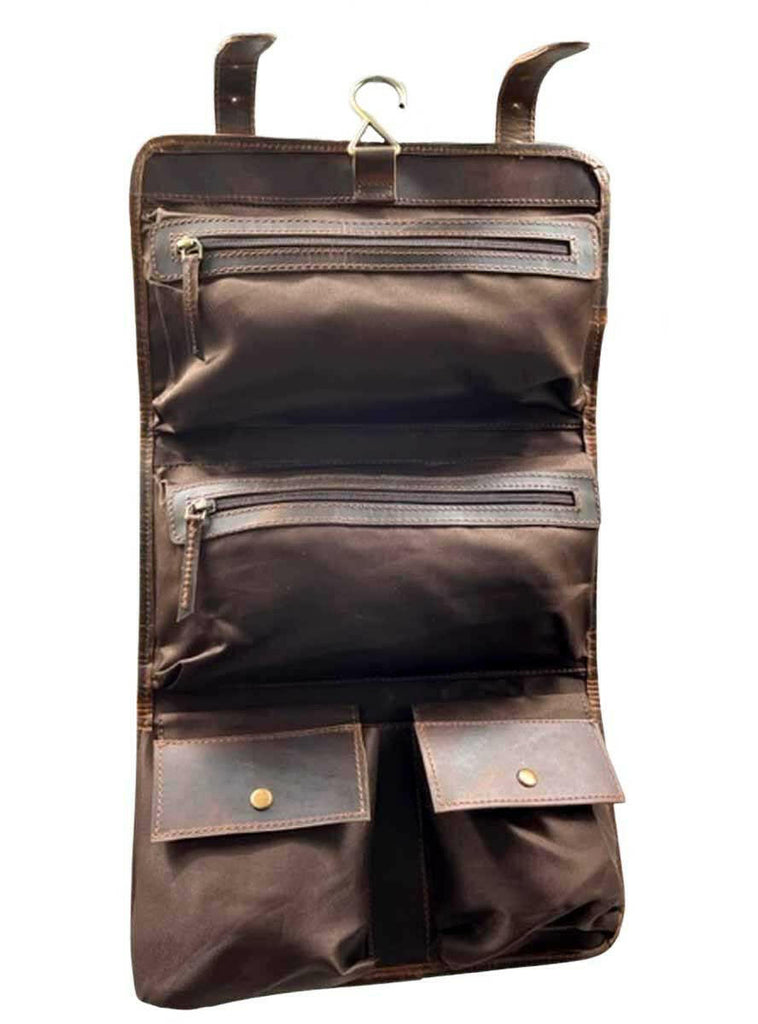 inside of dark brown leather toiletry bag