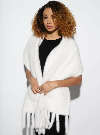 Knitted Mink Fur Shawl with Fringe and Pockets.