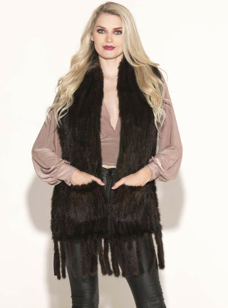 Knitted Mink Fur Shawl with Fringe and Pockets.