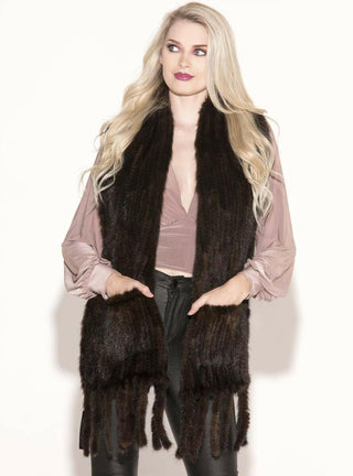 Knitted Mink Fur Shawl with Fringe and Pockets.