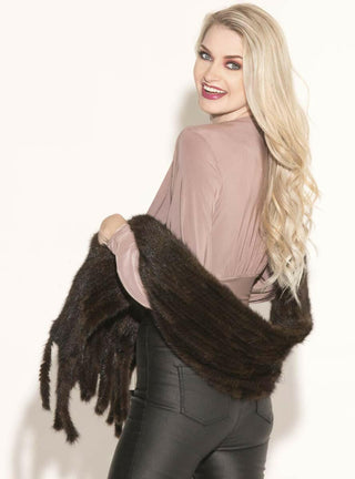 Knitted Mink Fur Shawl with Fringe and Pockets.
