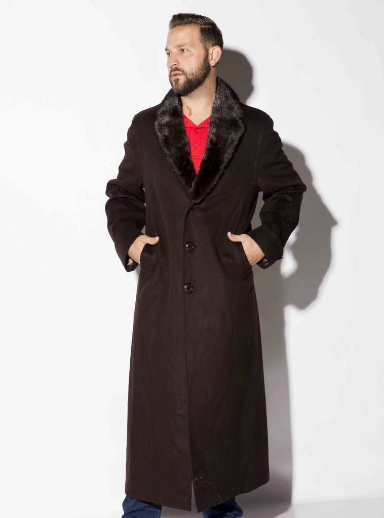 Men's black Cashmere Coat with Full Skin Mink Fur Collar