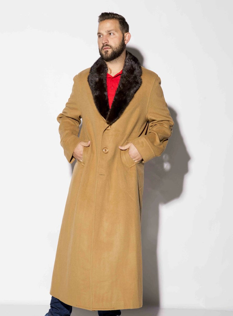 Men's camel Cashmere Coat with Full Skin Mink Fur Collar