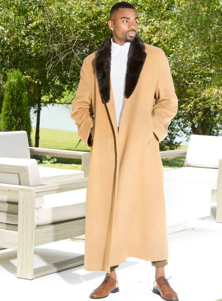 men's camel cashmere coat with mink fur collar
