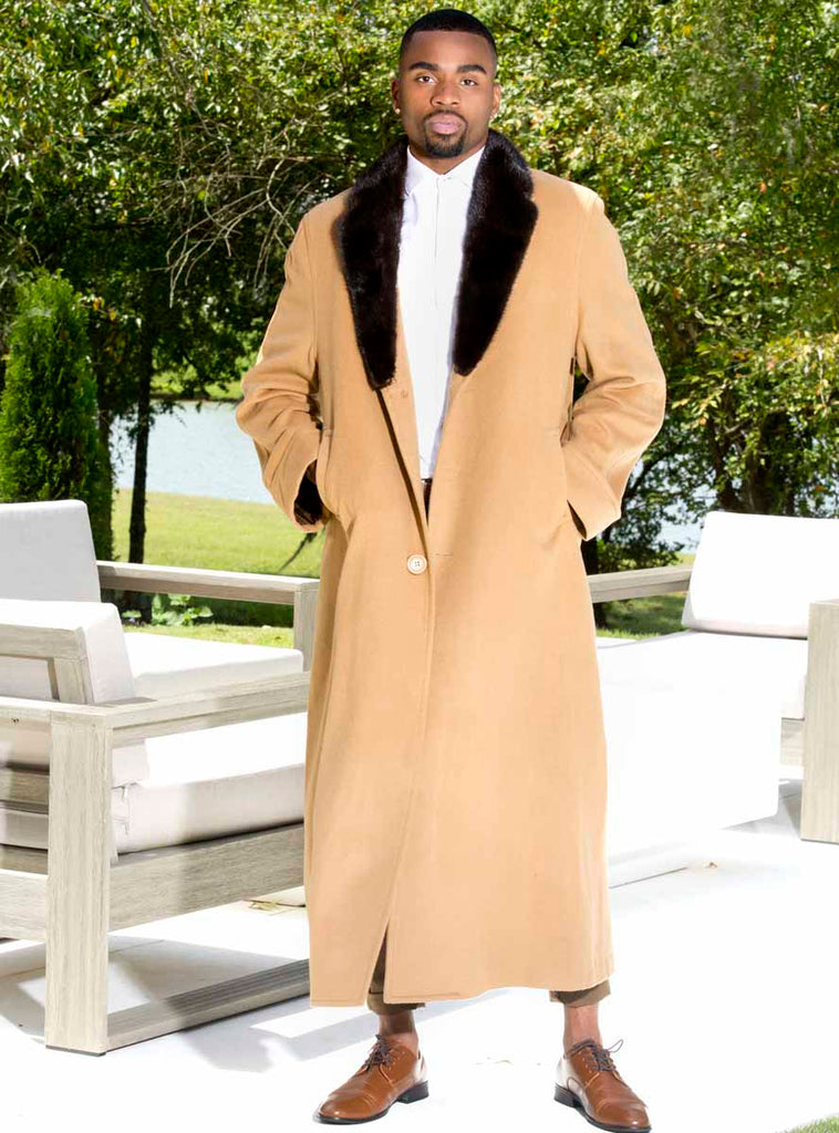 men's camel cashmere coat with full skin mink fur collar