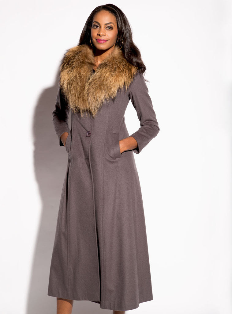 women's cashmere coat, raccoon fur collar