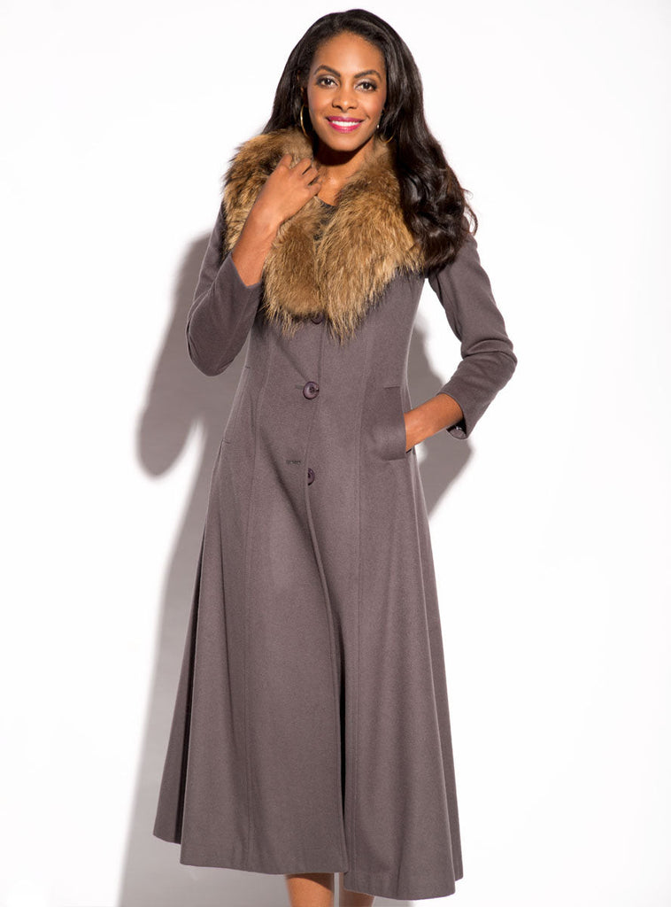 women's cashmere coat, raccoon fur collar
