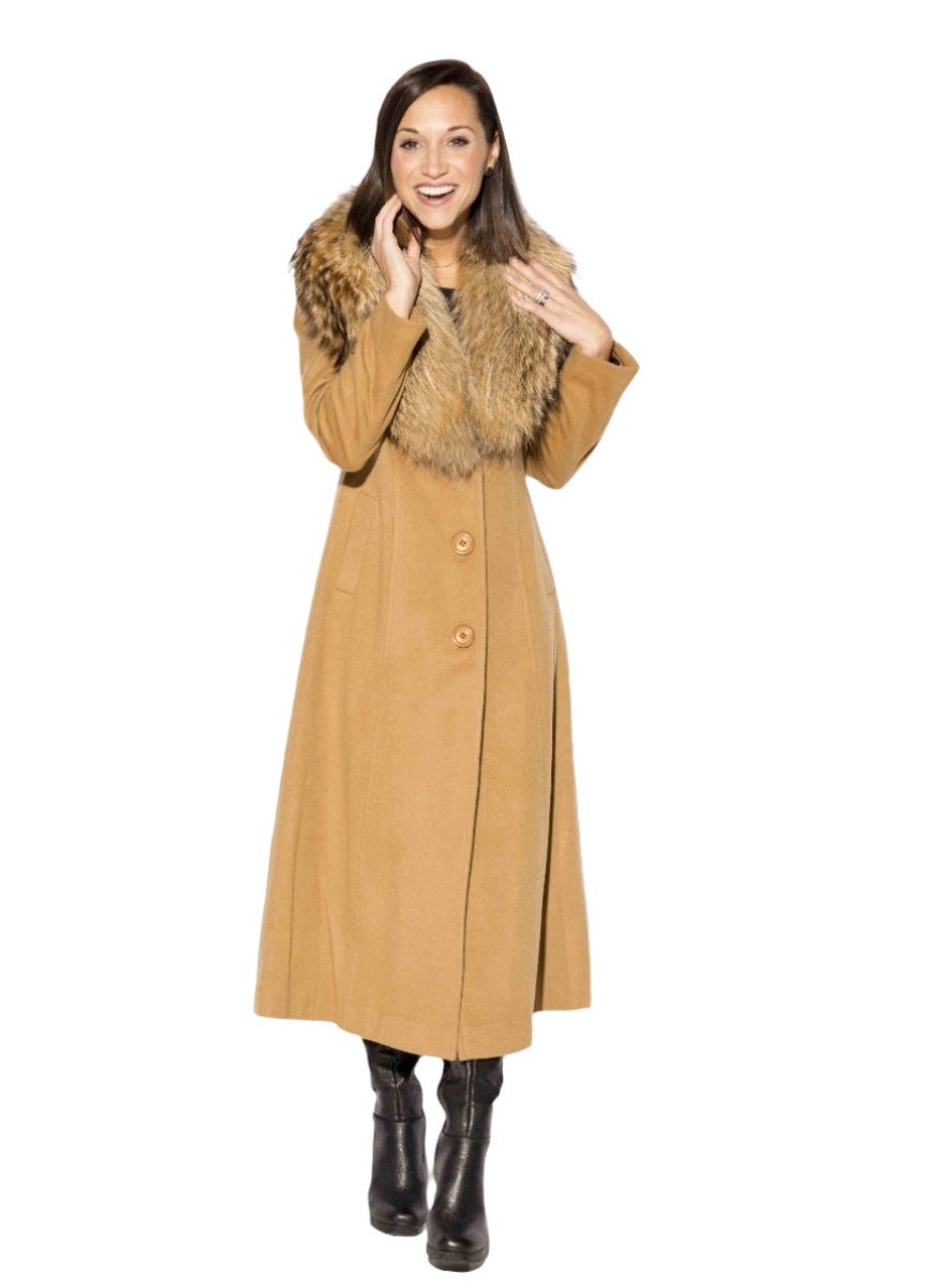 Fur Caravan Cashmere Coat with Raccoon Fur Collar L