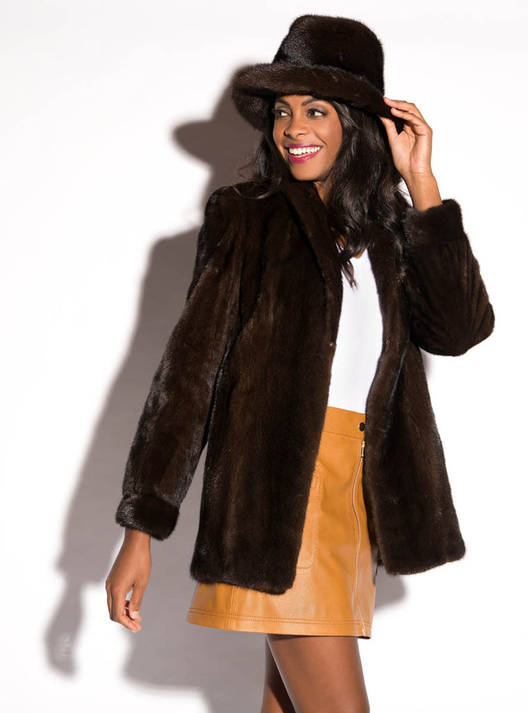 mahogany female mink jacket with shawl collar & bracelet cuffs