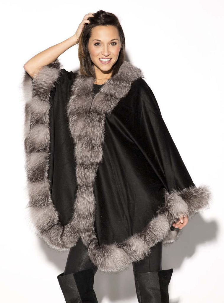 Women's Black Cashmere Cape with Silver Fox Fur Trim