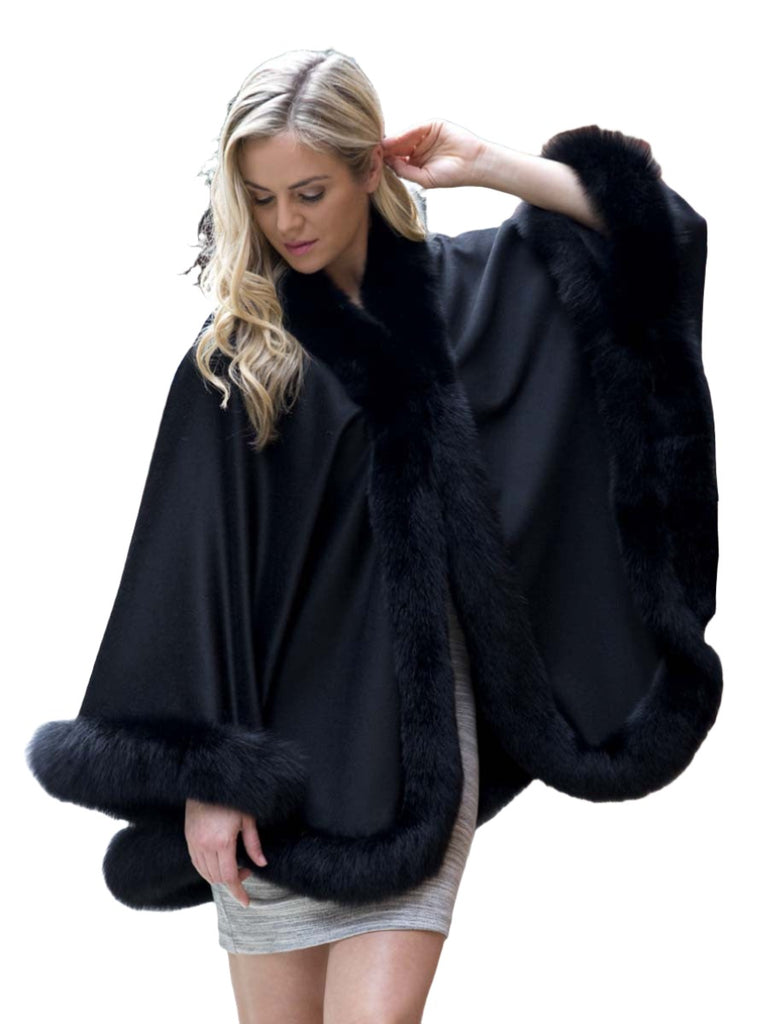 Women's Black Cashmere Cape with Black Fox Fur Trim