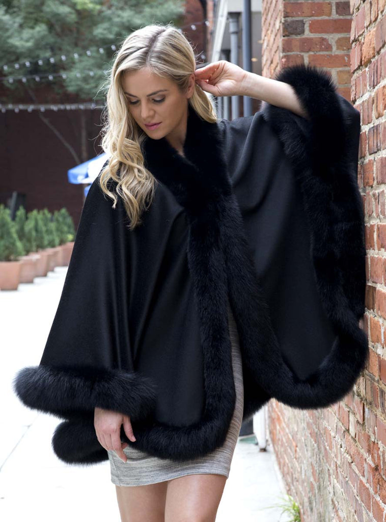 Women's Black Cashmere Cape with Black Fox Fur Trim