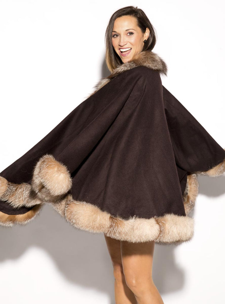 Women's Brown Cashmere Cape with Crystal Fox Fur Trim