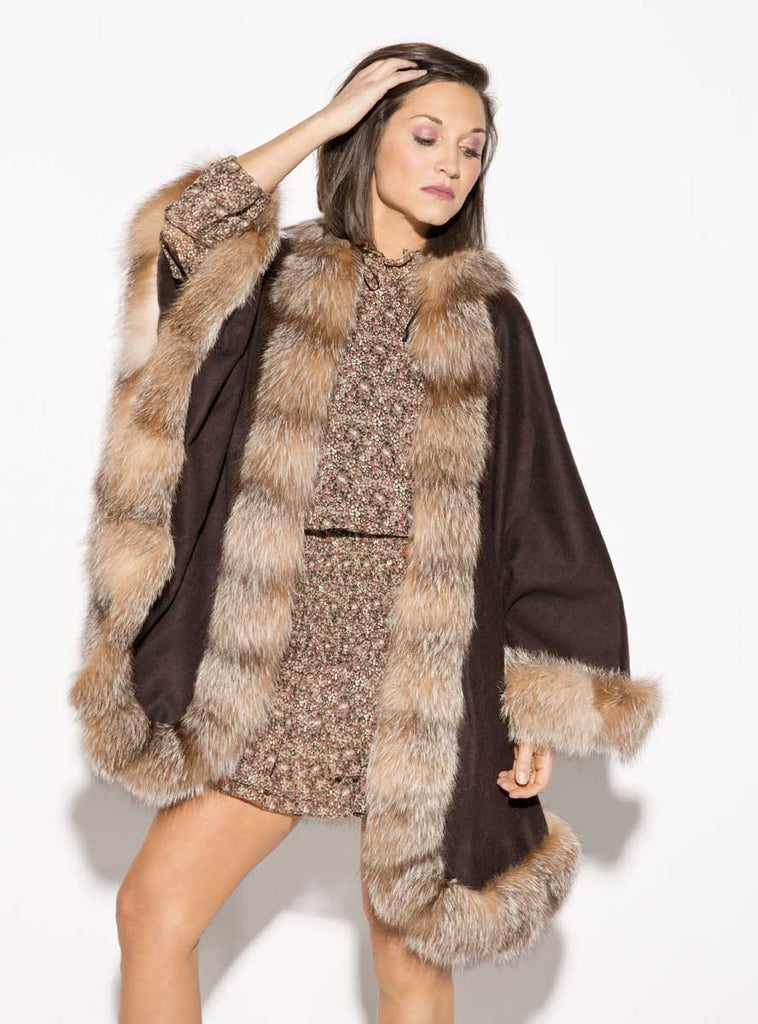 Women's Brown Cashmere Cape with Crystal Fox Fur Trim