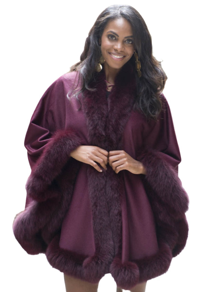 Women's Burgundy Cashmere Cape with Burgundy Fox Fur Trim