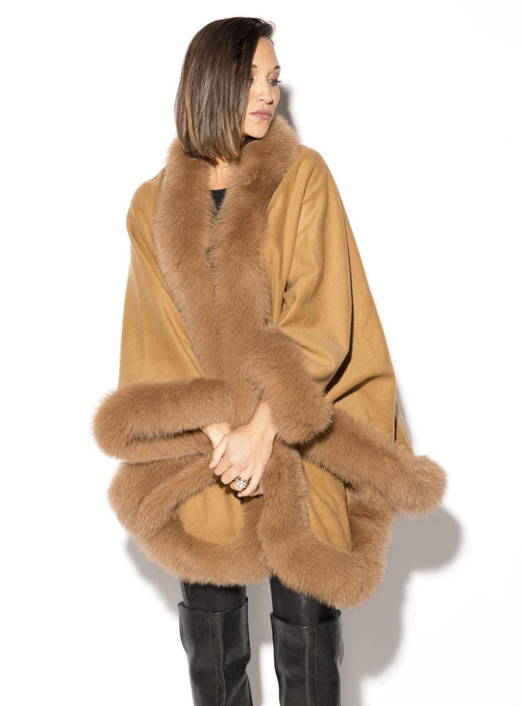 Women's Camel Cashmere Cape with Camel Fox Fur Trim