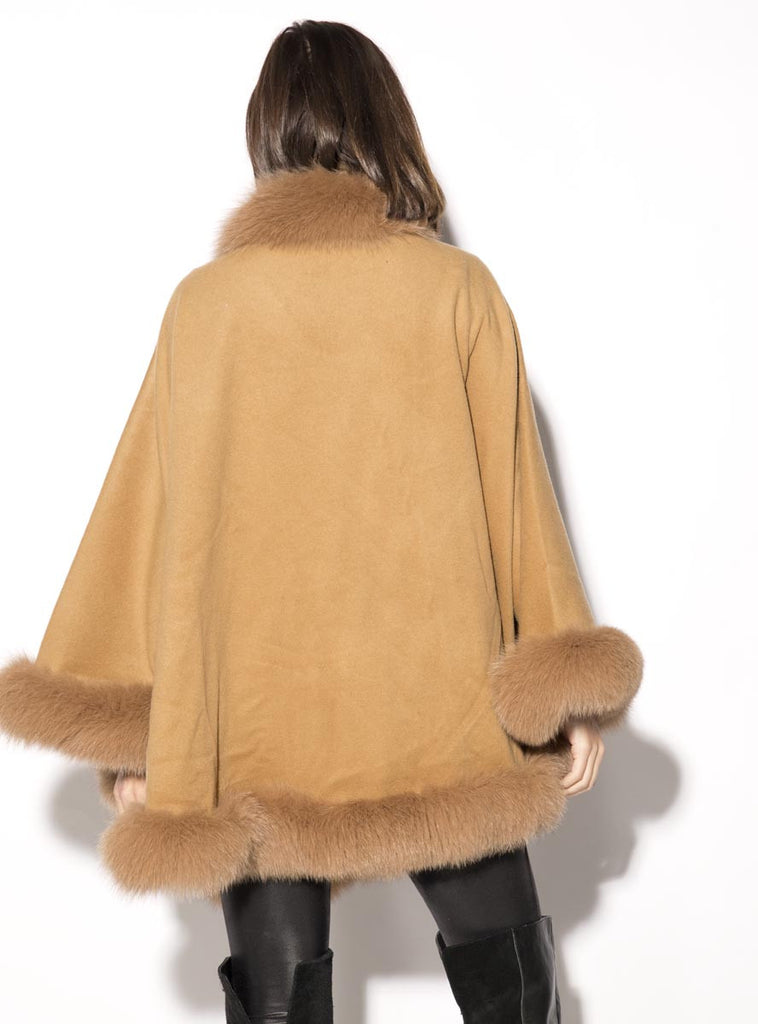 Women's Camel Cashmere Cape with Camel Fox Fur Trim