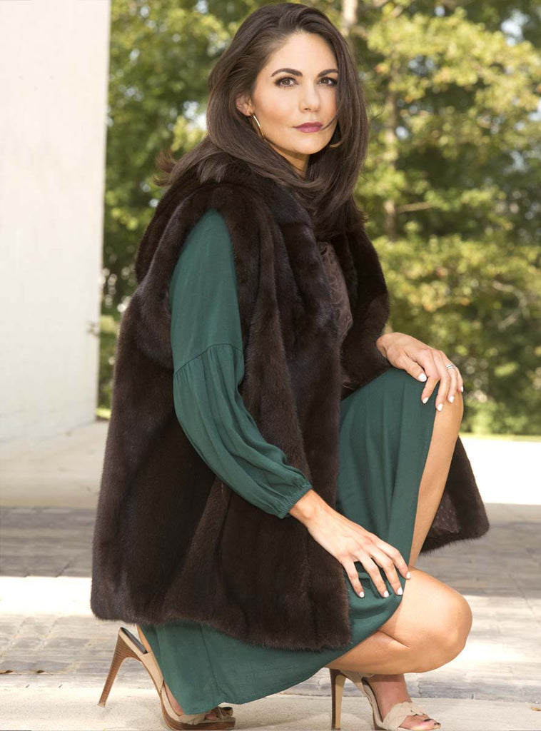 mahogany female mink fur vest with hood