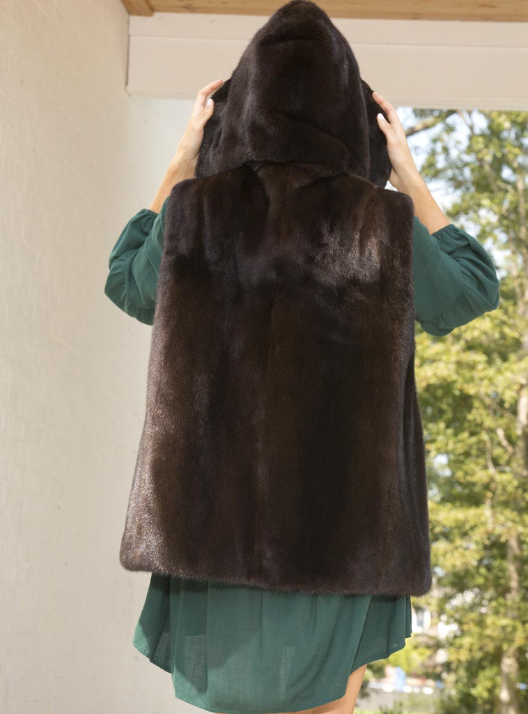 mahogany female mink fur vest with hood