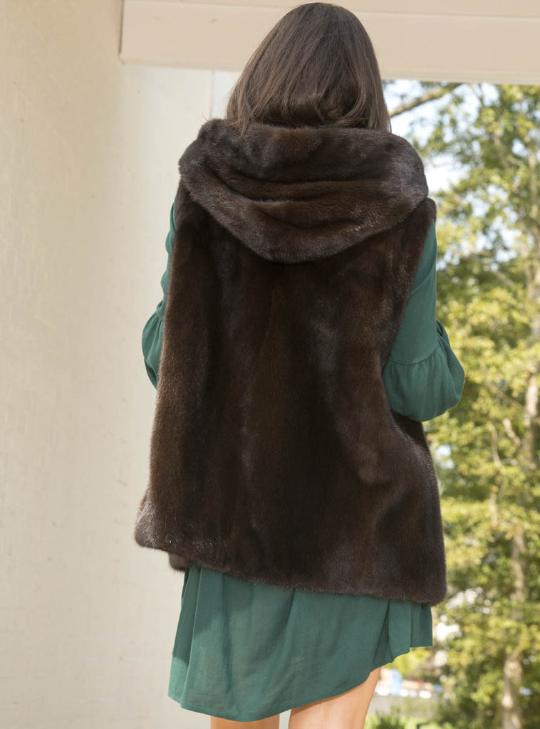 mahogany female mink fur vest with hood