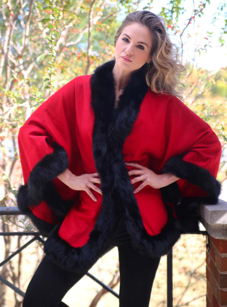 Women's Red Cashmere Cape with Black Fox Fur Trim