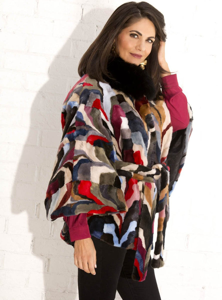 women's multicolor mink cape with black fox collar and belt