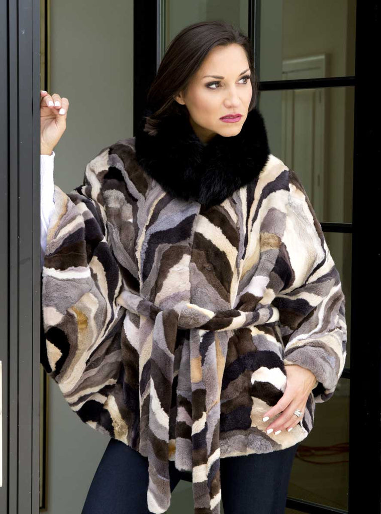 Grey Multicolor Mink Cape with Black Fox Collar and Belt