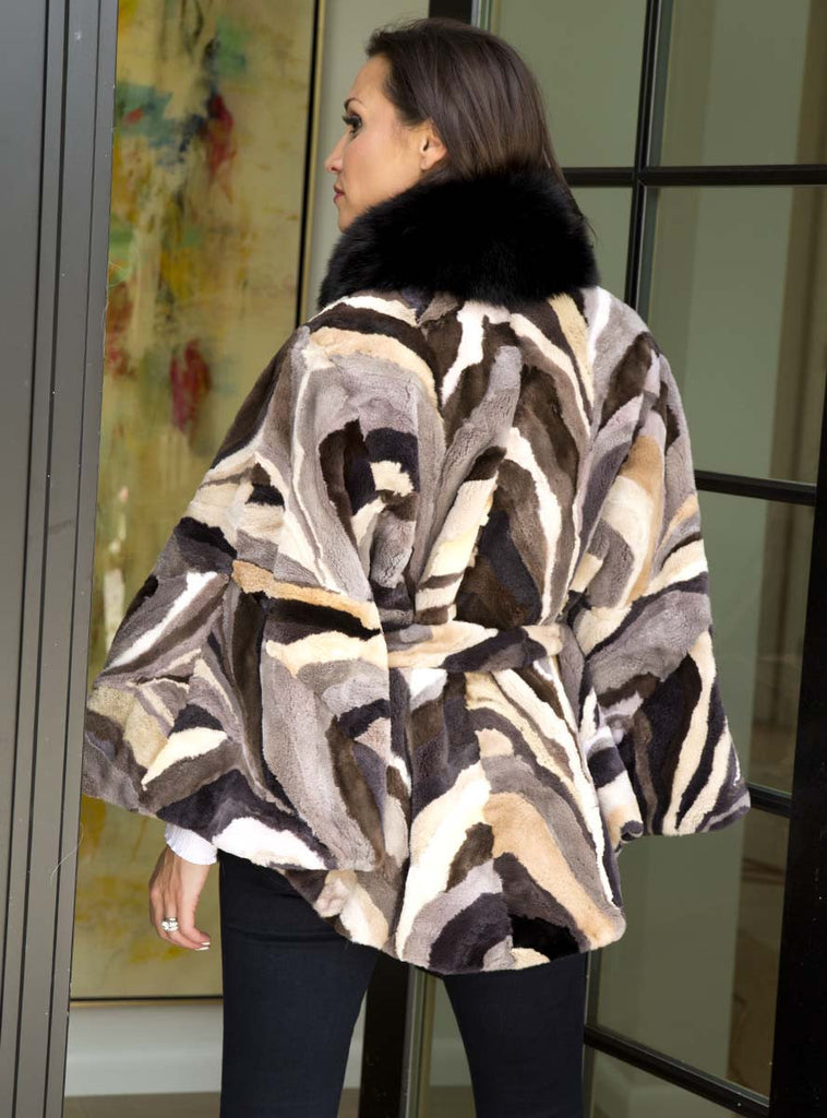 Grey Multicolor Mink Cape with Black Fox Collar and Belt