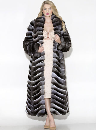 Chinchilla Fur Coat with Shawl Collar, Skin on Skin Side.